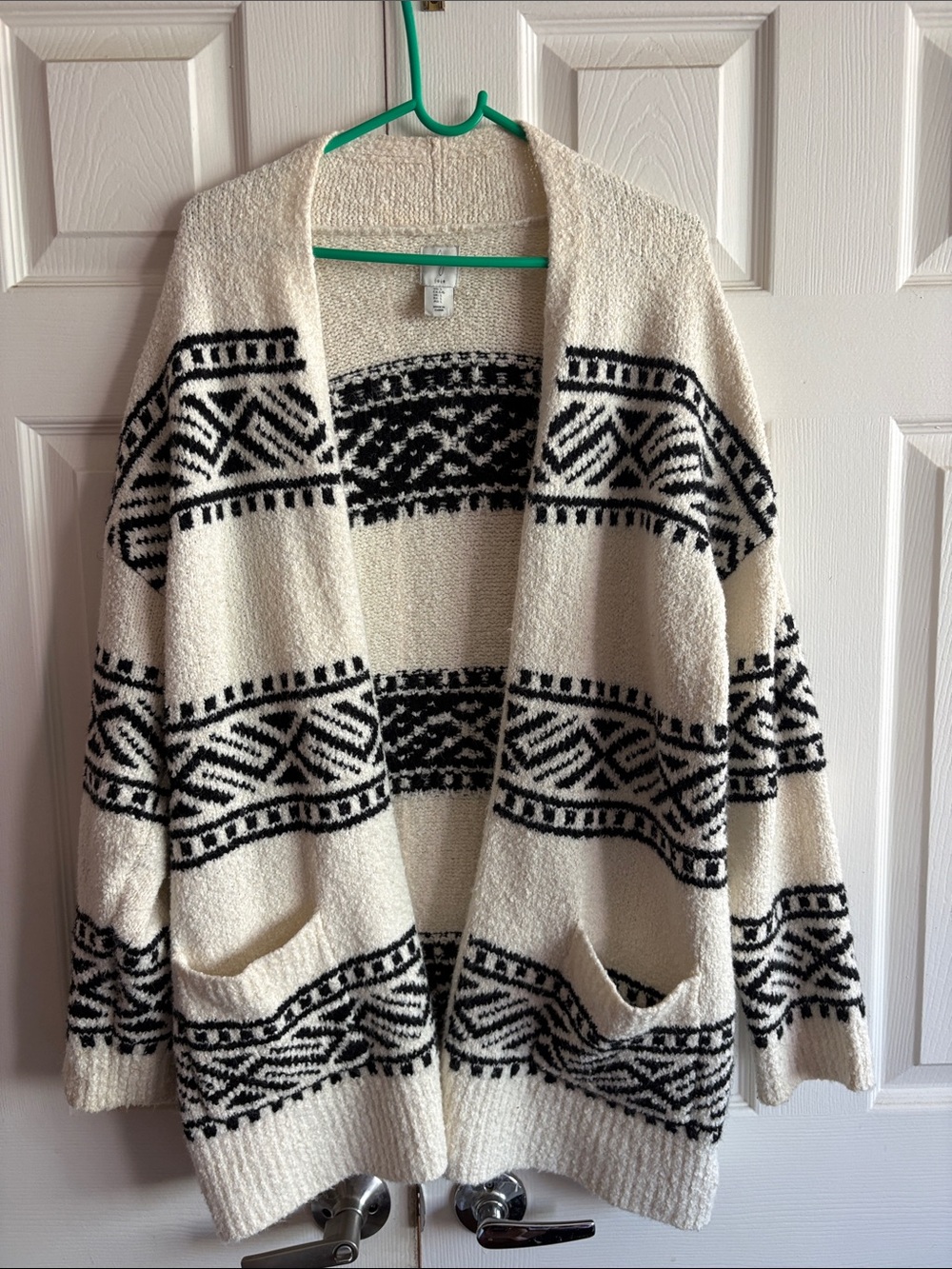Joie Cream and Black Open-Front Geometric Cardigan